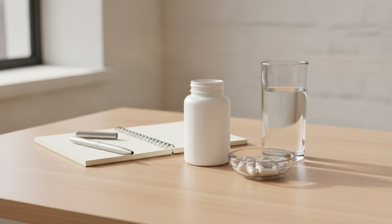 Editorial photograph of an unbranded capsule bottle, a few clear capsules, and a glass of water on a clean desk in soft daylight
